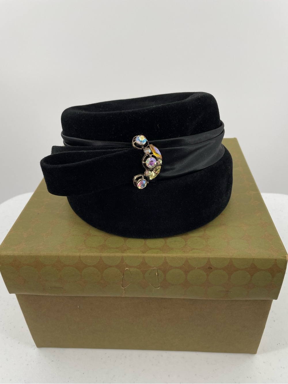 Vintage 60’s Black Velour Rhinestone Accented Made in France Ladies Hat with Box